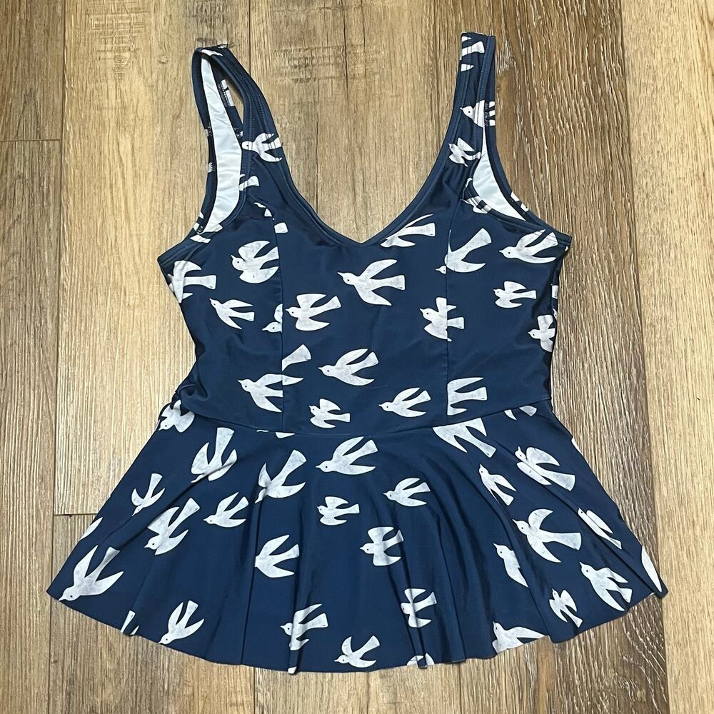NWT Lime Ricki Birds V-Neck Peplum Swim Tankini Top L Blue Shelf Bra Padded $57
